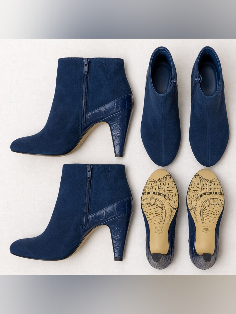 #2086 Bella Vita Brennan Navy Suede Ankle Boots Croc Heel Side Zip